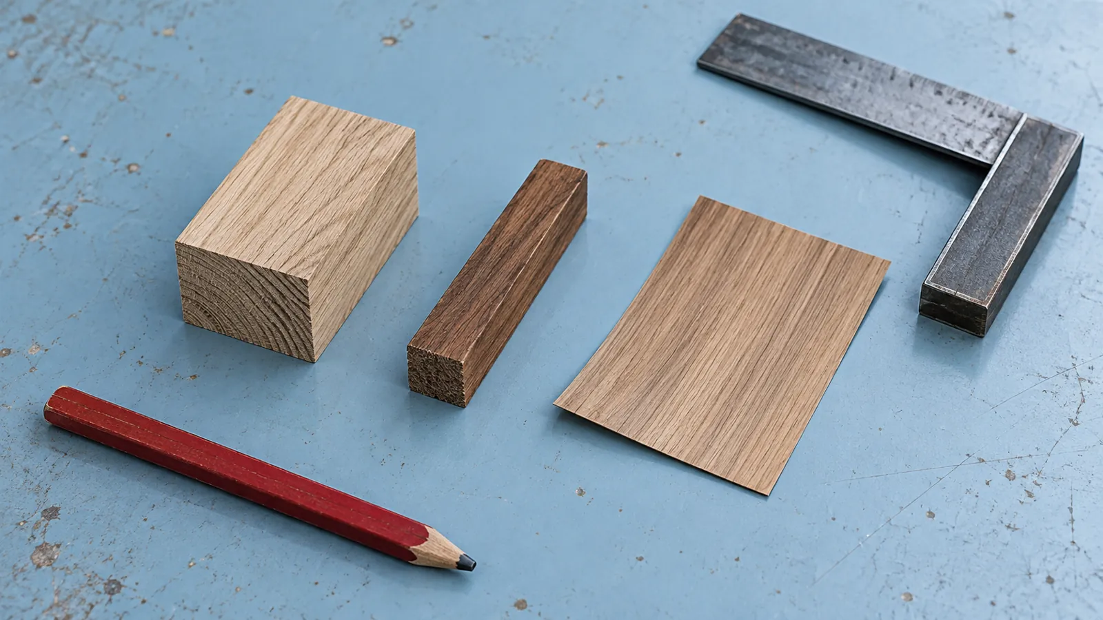 Illustrative timber offcuts and thin veneer sample for discussing tabletop construction