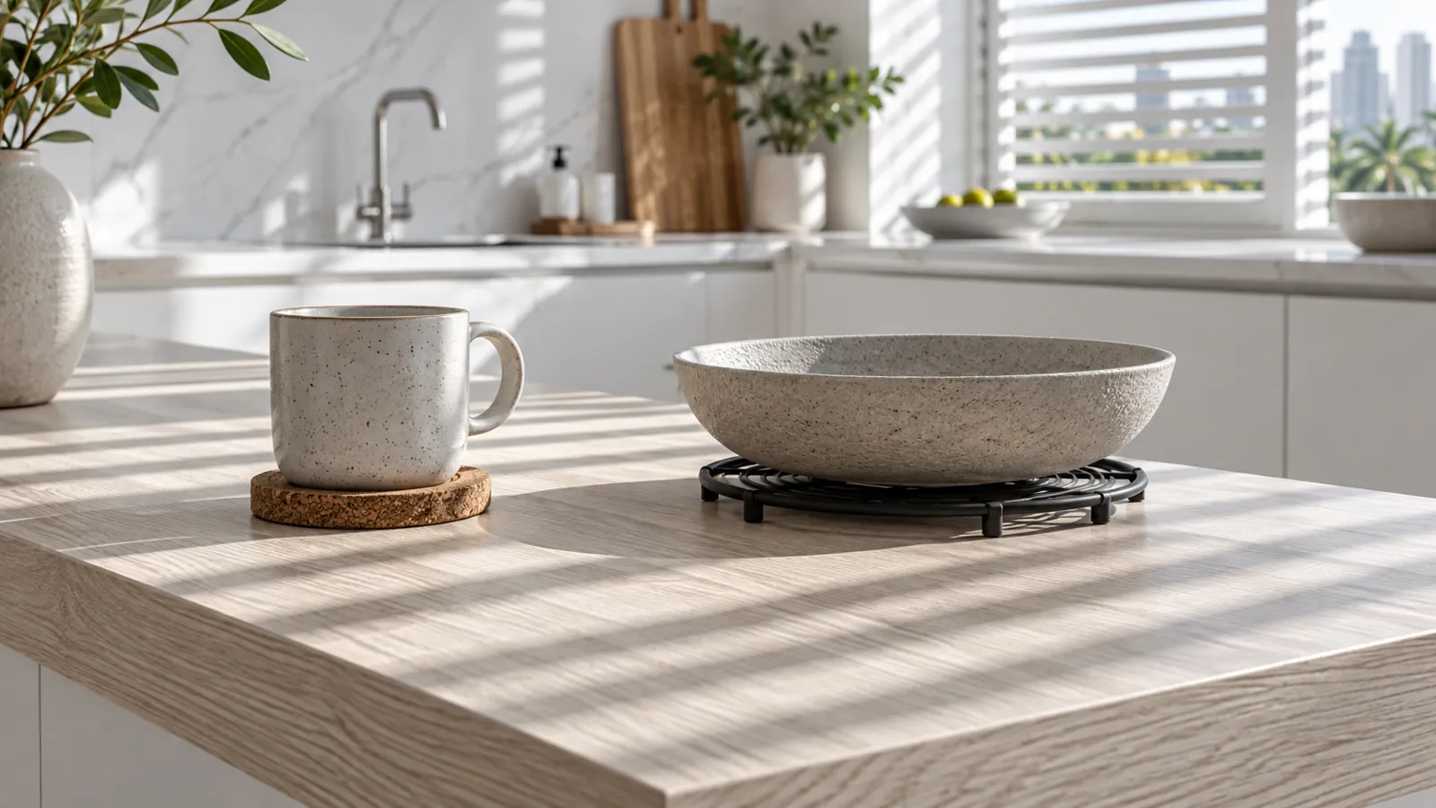 Illustrative mug on a coaster and serving bowl on a trivet beside a pale timber surface