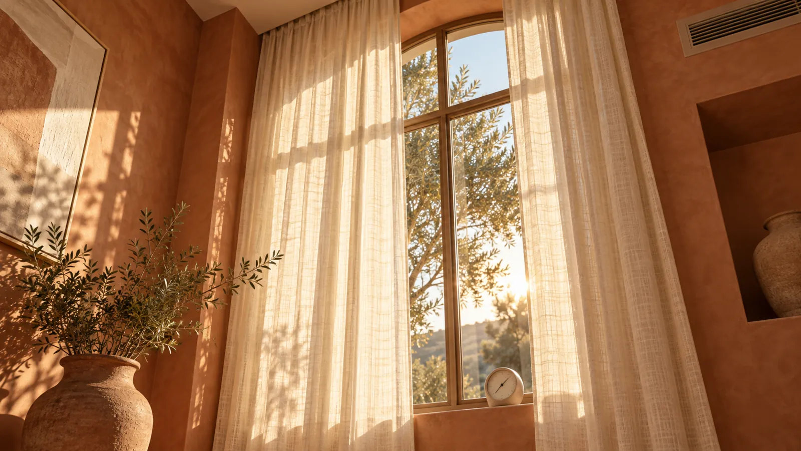 Conceptual room detail with curtains and ventilation, illustrating questions about a wood table's indoor environment