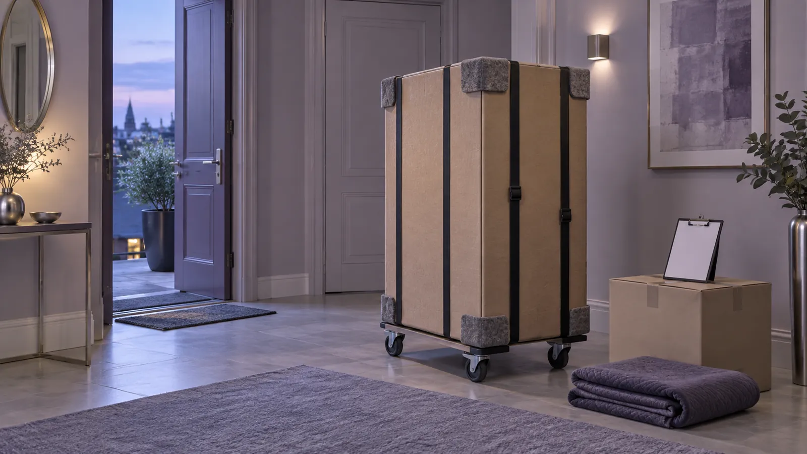Conceptual furniture crate and blank handover record at an apartment entrance, not an actual delivery