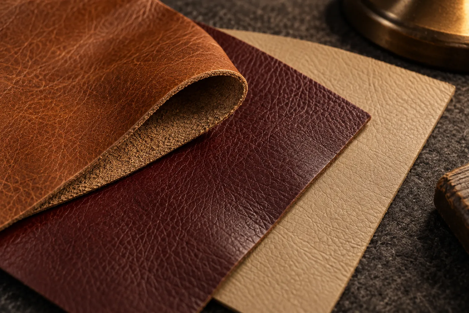 Illustrative upholstery swatches showing contrasting colours and edges, not verified leather grades