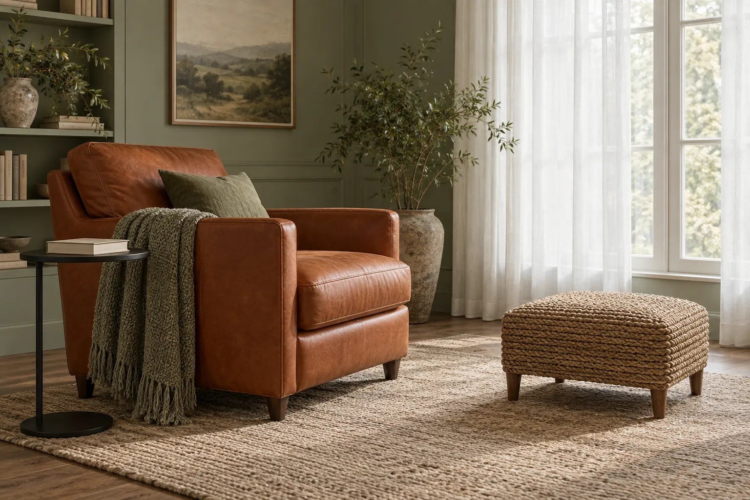 Illustrative rust-coloured armchair and separate footstool in a sage reading room