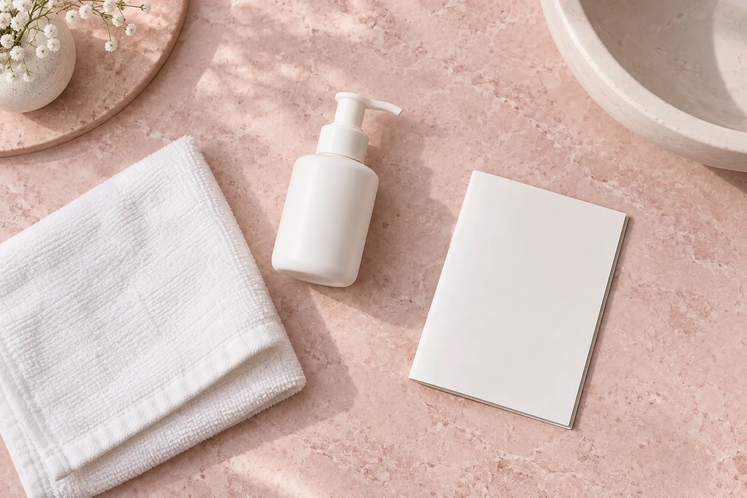 Illustrative plain care bottle, cloth and blank booklet, not a recommended leather cleaning product