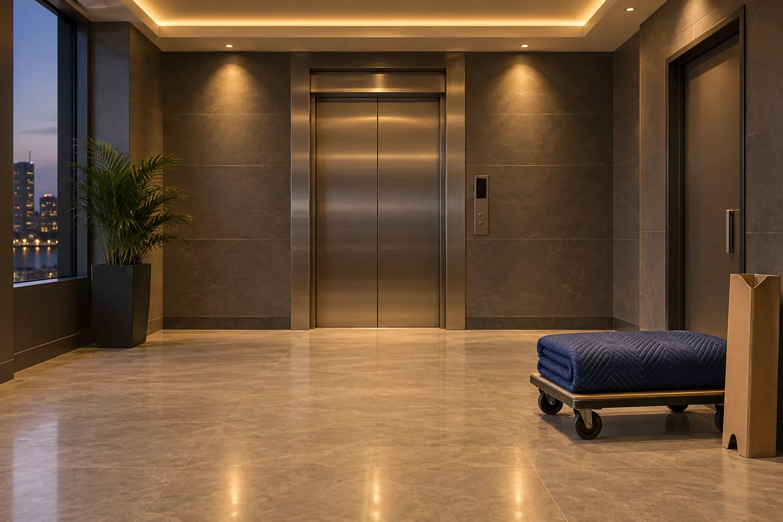 Illustrative apartment lift lobby with a folded moving blanket and packing protector for delivery planning