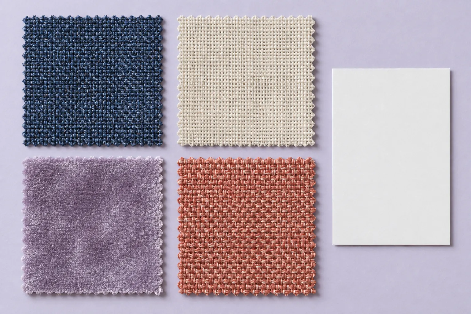Illustrative contrasting upholstery swatches on a lavender surface, not identified manufacturer samples