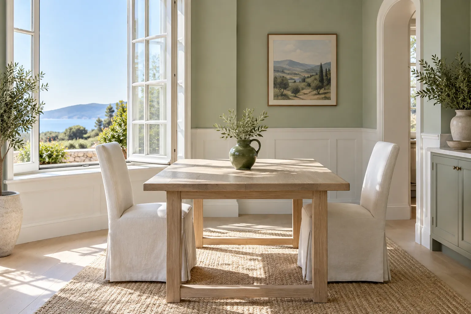 Illustrative slipcovered dining chairs in a bright sage breakfast room, not evidence that the covers are washable