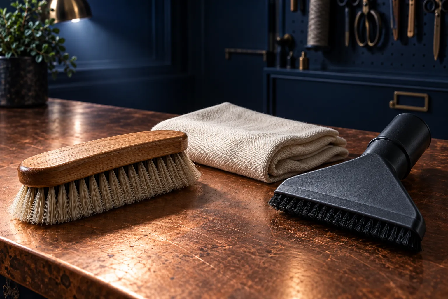 Illustrative soft brush, cloth and upholstery nozzle on a workbench, not a universal cleaning instruction