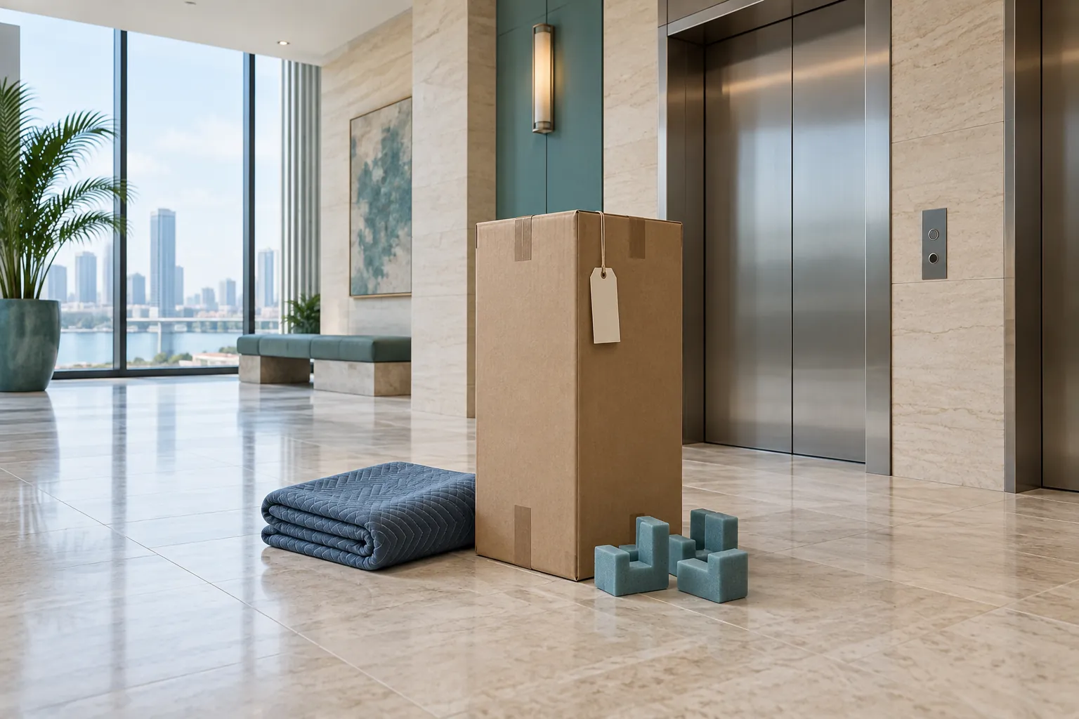 Illustrative protected furniture carton and moving blanket in an apartment lift lobby, not actual FCI delivery service