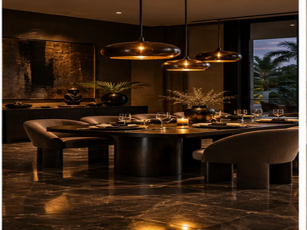 Dramatic dining room with a dark timber table