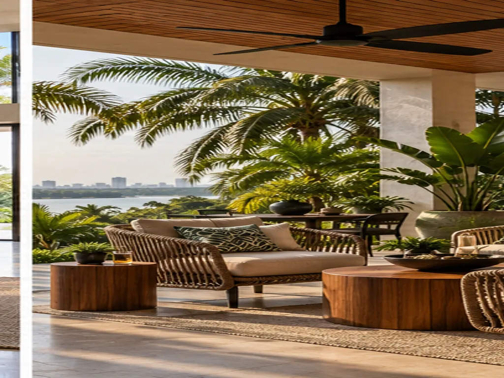 Covered tropical terrace with woven lounge chairs