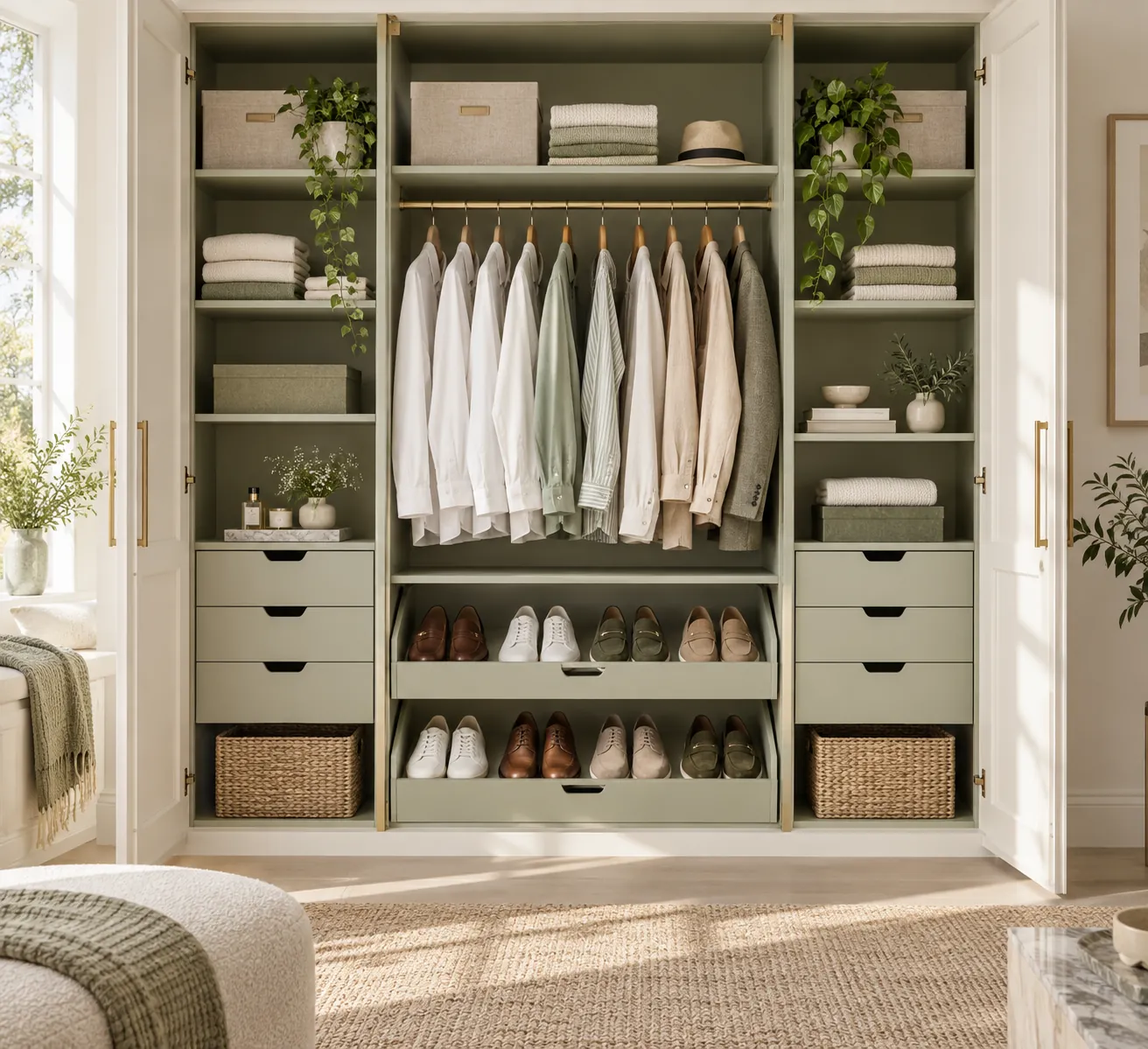 Organised wardrobe interior with hanging rail and drawers