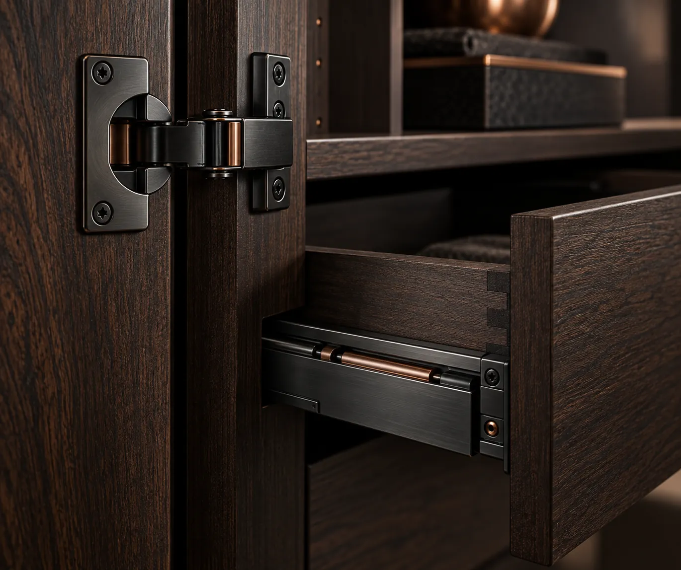 Close-up of wardrobe hinge and drawer hardware