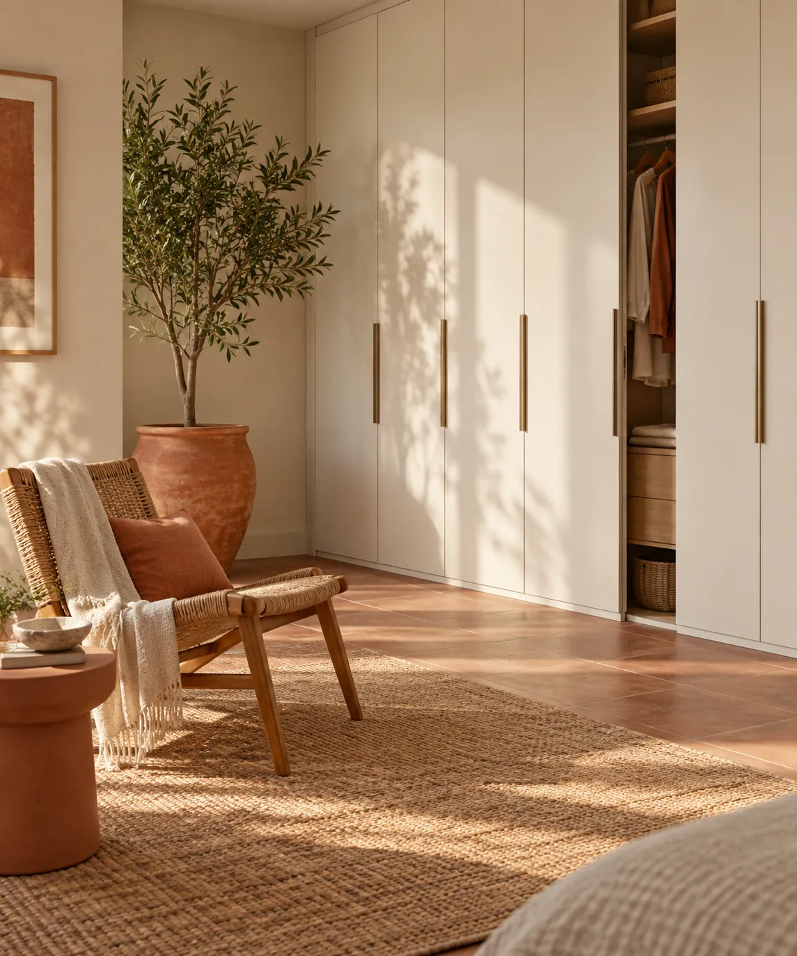 Calm dressing area with full-height wardrobe