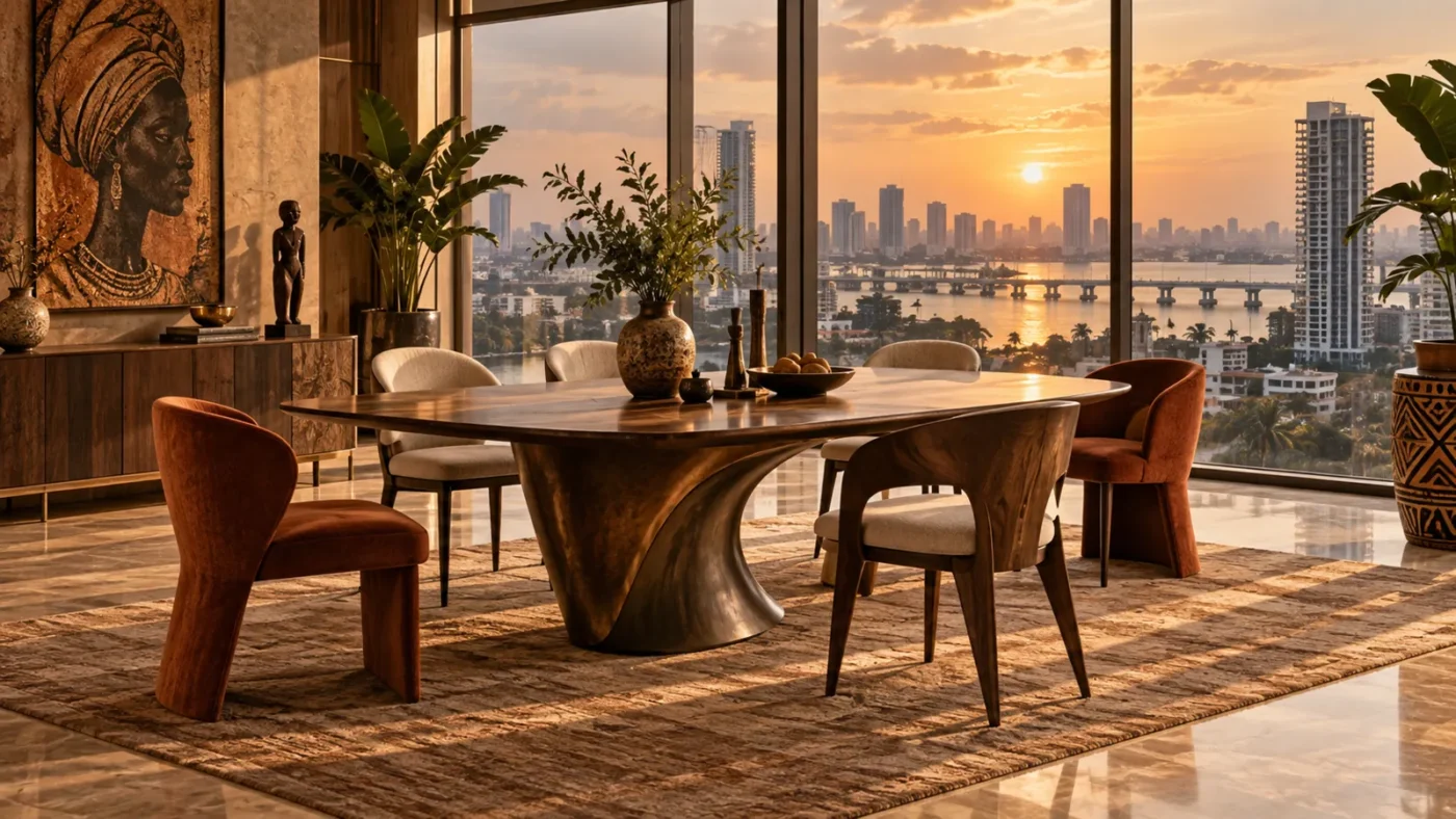Modern dining table and six chairs in a Lagos penthouse at amber sunset