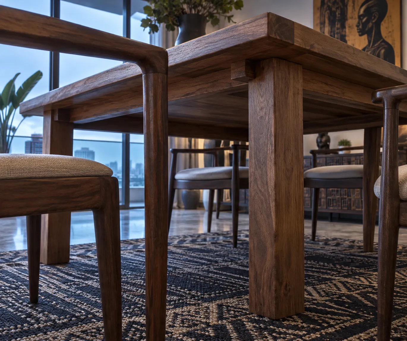 Low view showing dining chair clearance beneath a timber table