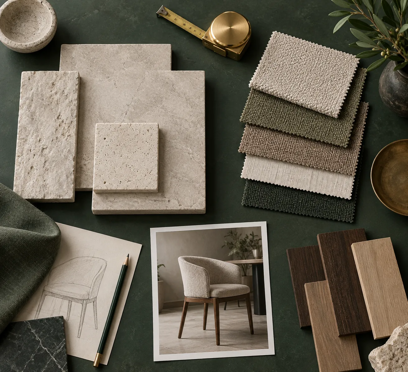Dining-table material samples and tape measure on a green workbench