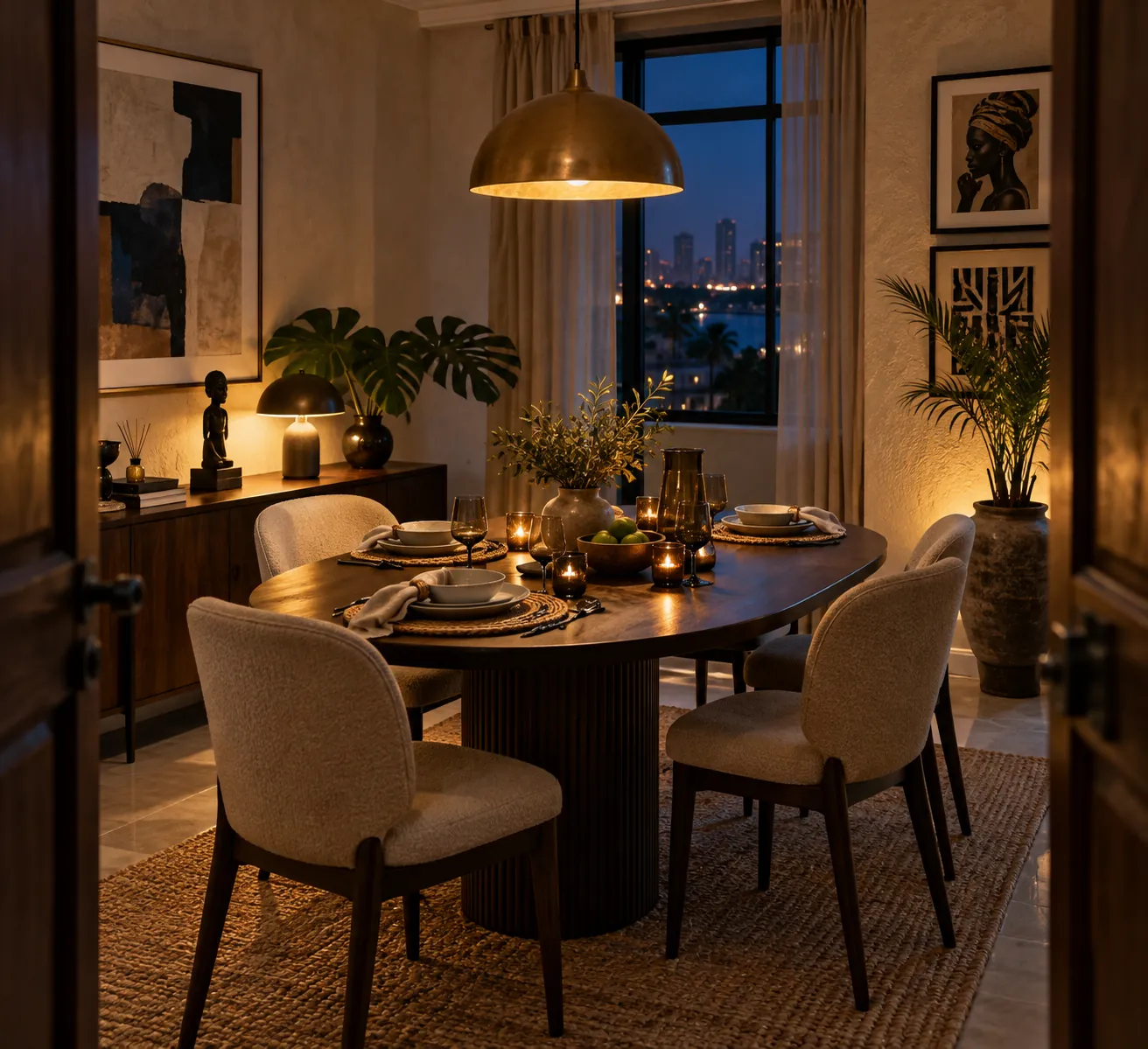 Compact Lagos dining room with oval table in evening light