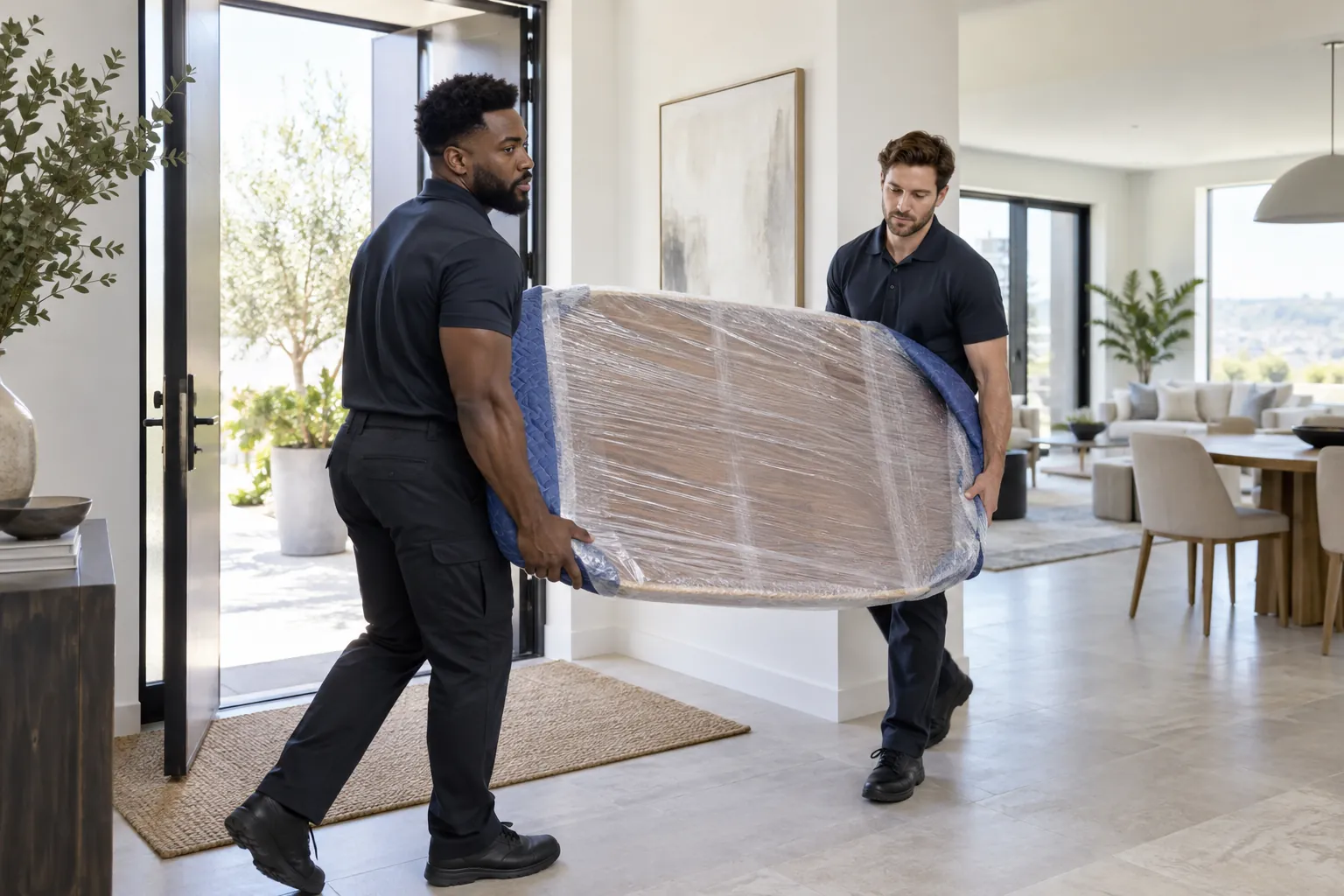 Careful furniture delivery through a bright apartment entrance