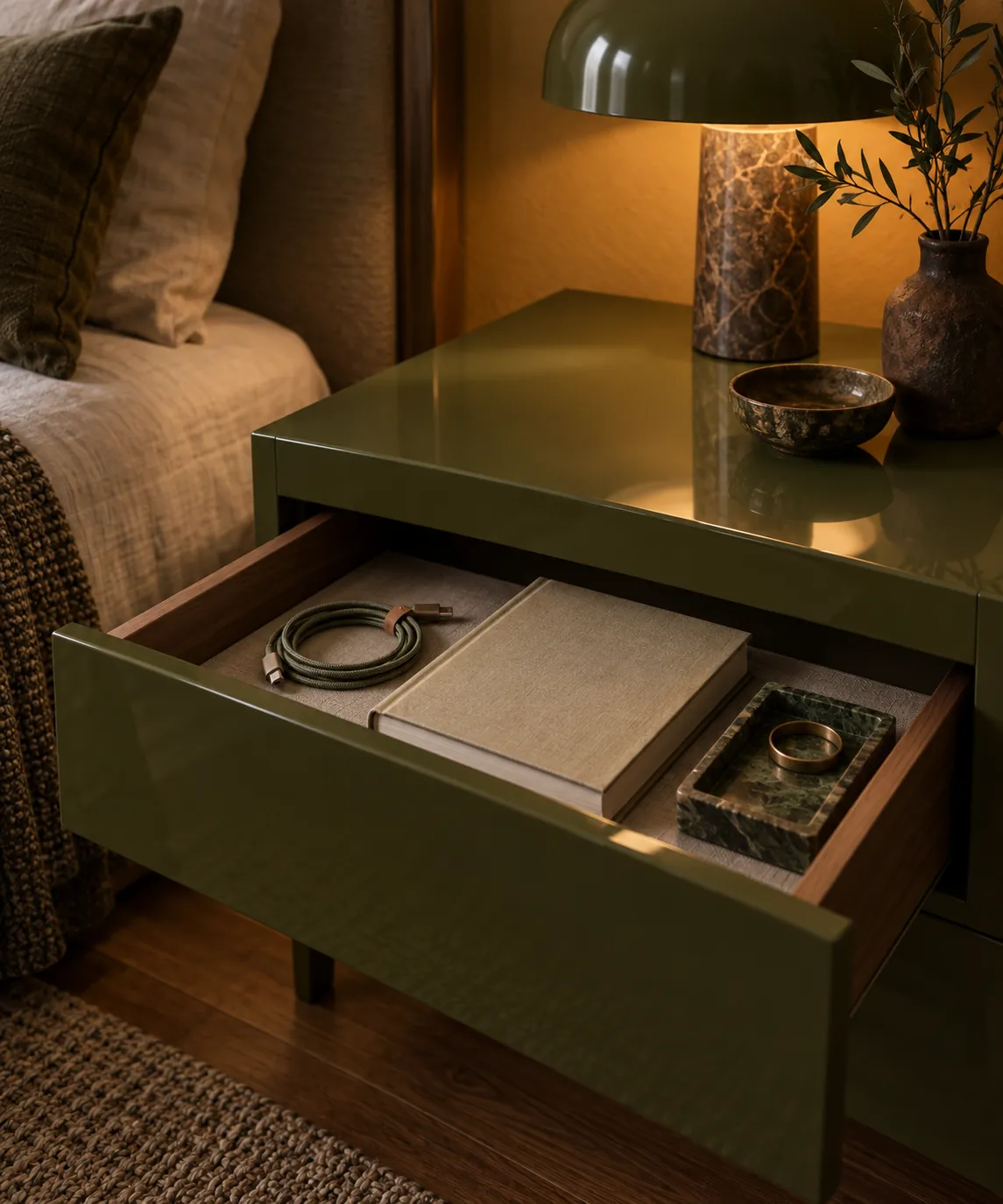 Open bedside drawer with organised charging cable and book