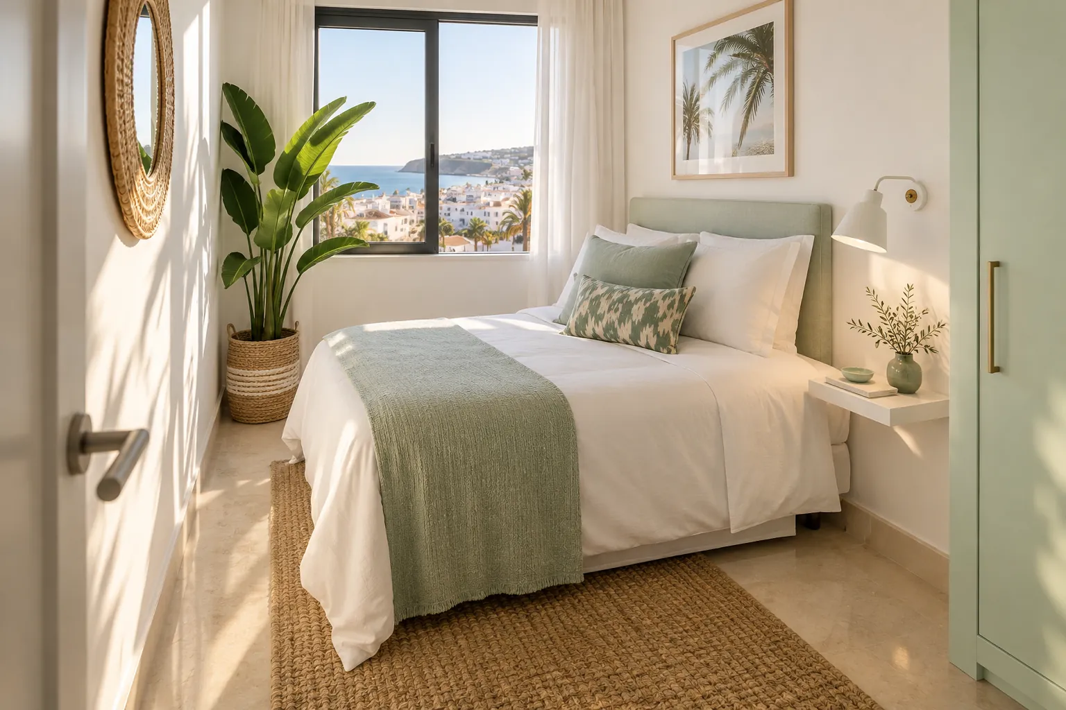 Slim floating bedside shelf in a bright guest bedroom