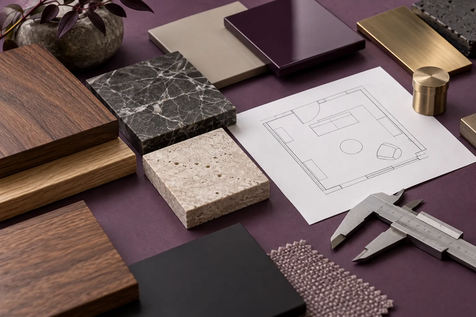 Furniture finish samples on a purple studio workbench