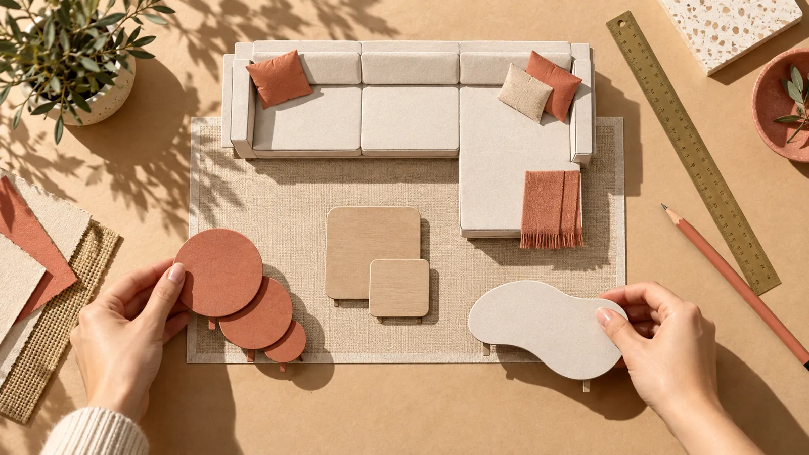 Overhead floor plan with three nesting table footprints