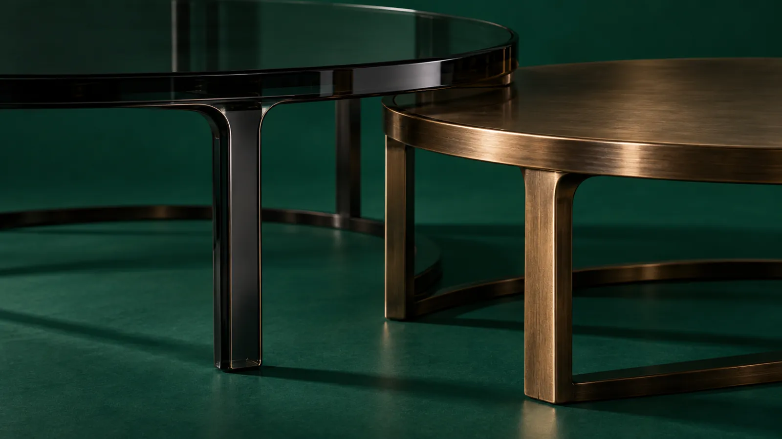 Close view of smoked glass and bronze nesting table clearance