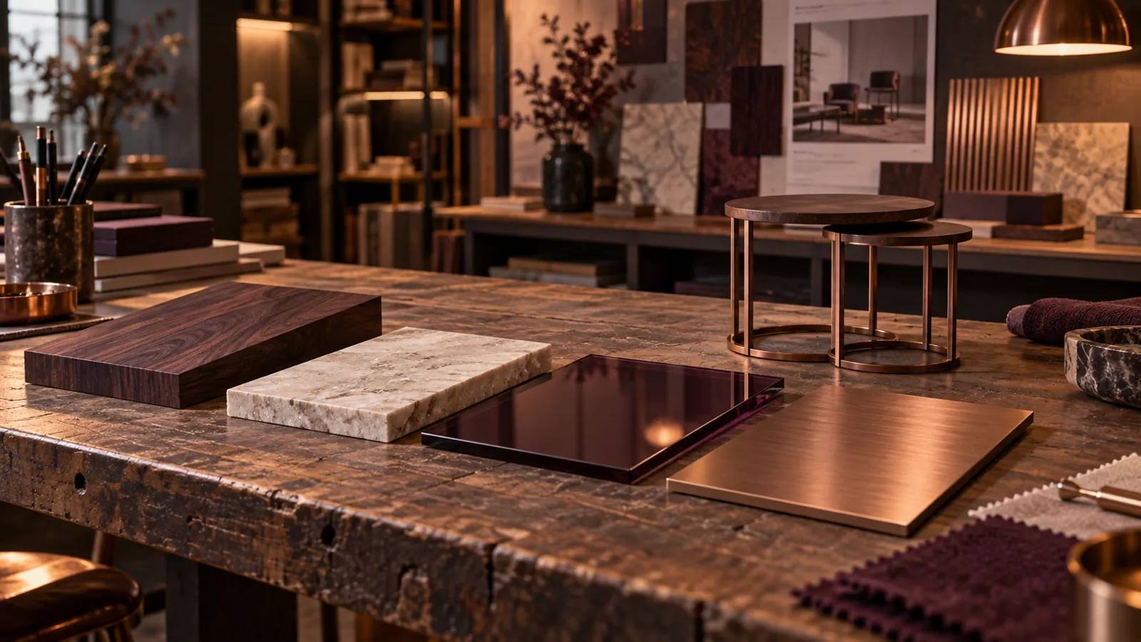 Furniture finish samples beside a nesting table model