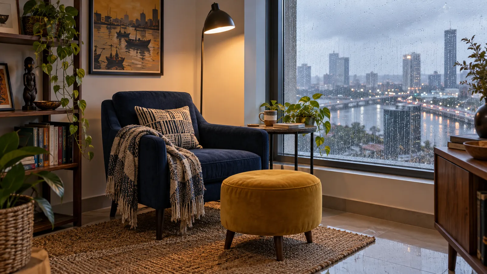 Mustard footstool in a compact rainy-day reading corner