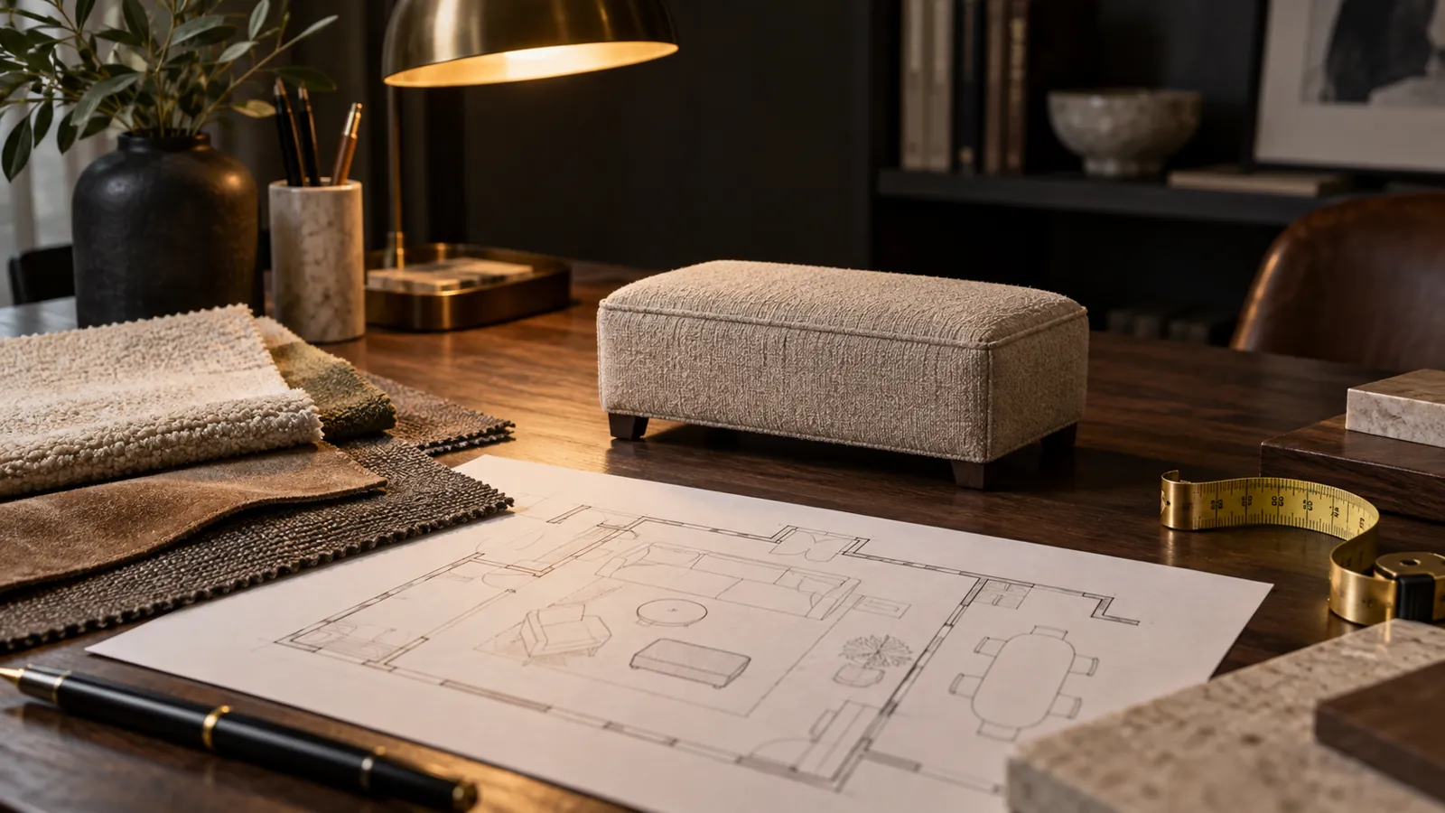 Ottoman planning model with tape measure and upholstery swatches