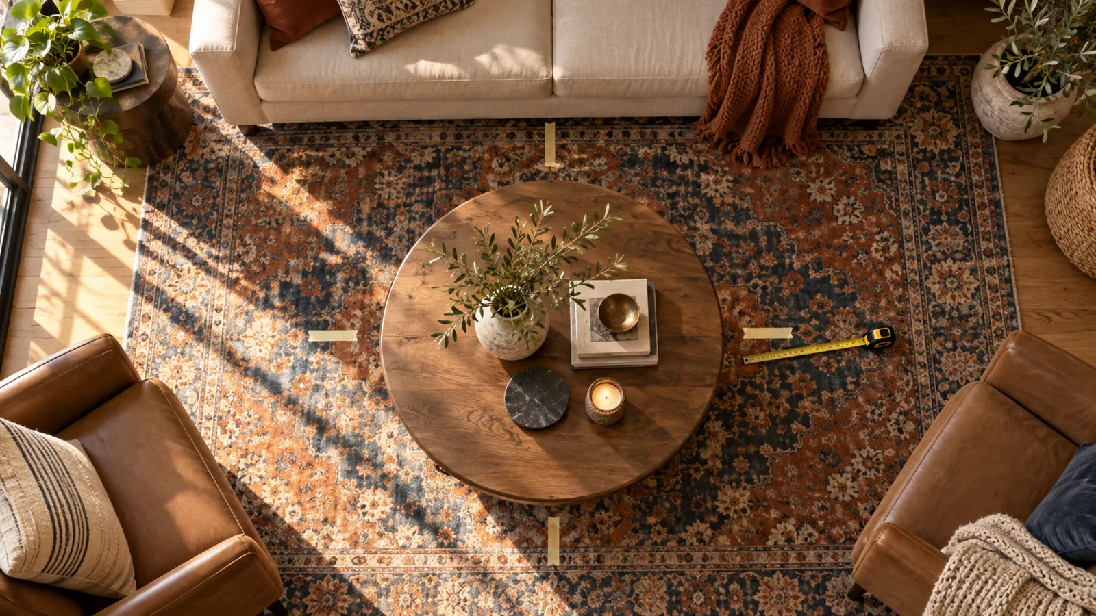 Overhead view of a round coffee table and measured clearances