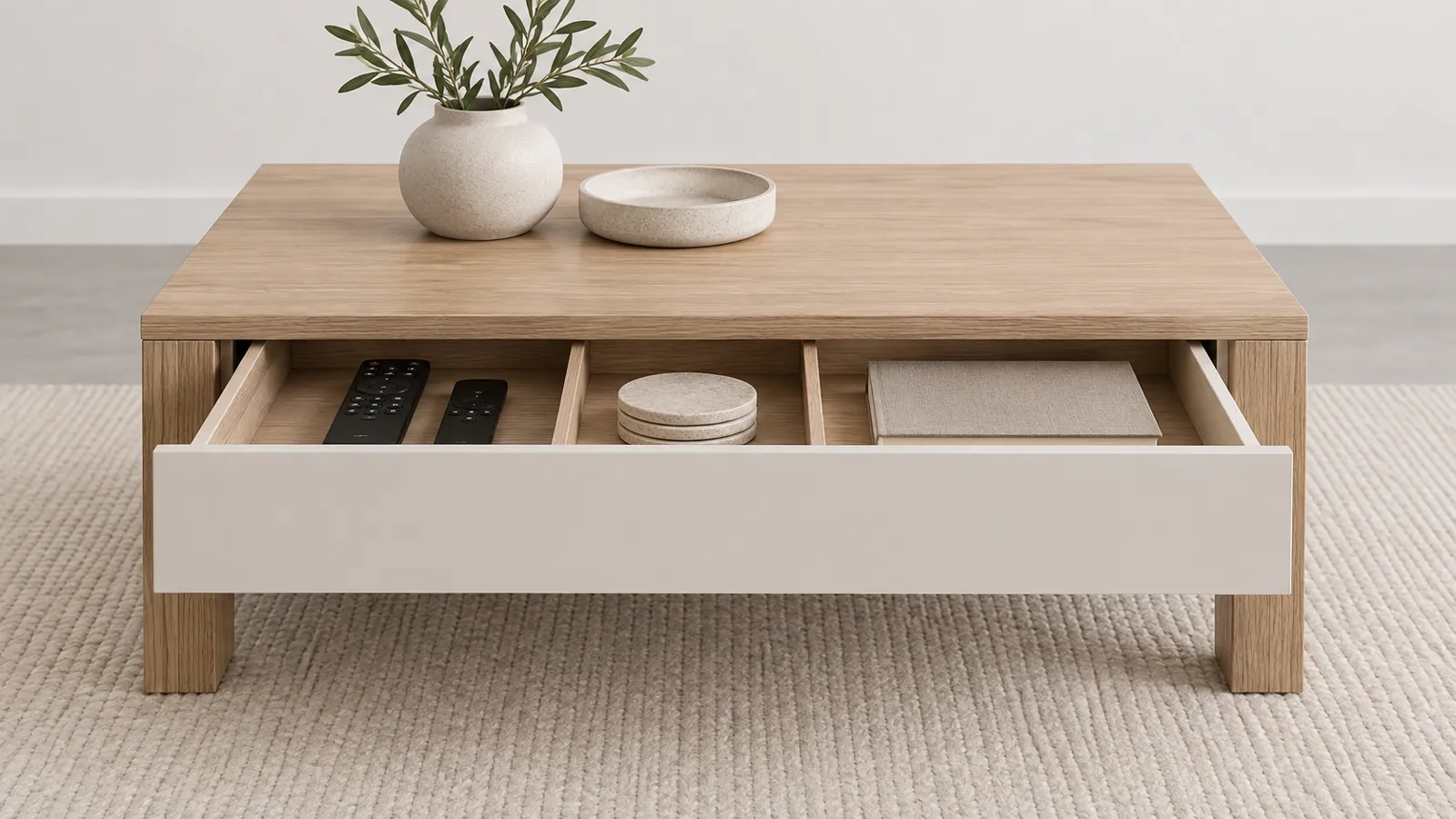 Pale oak storage coffee table with an open organised drawer