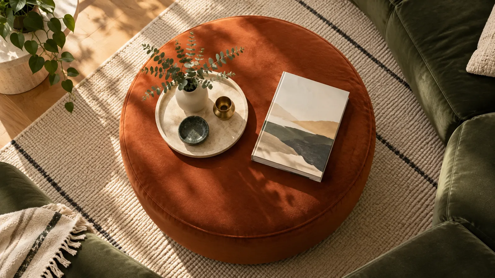 Round orange ottoman arranged as a soft table in morning light