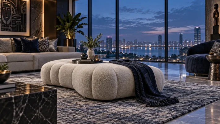 Sculptural ottoman in a cool dusk Lagos penthouse