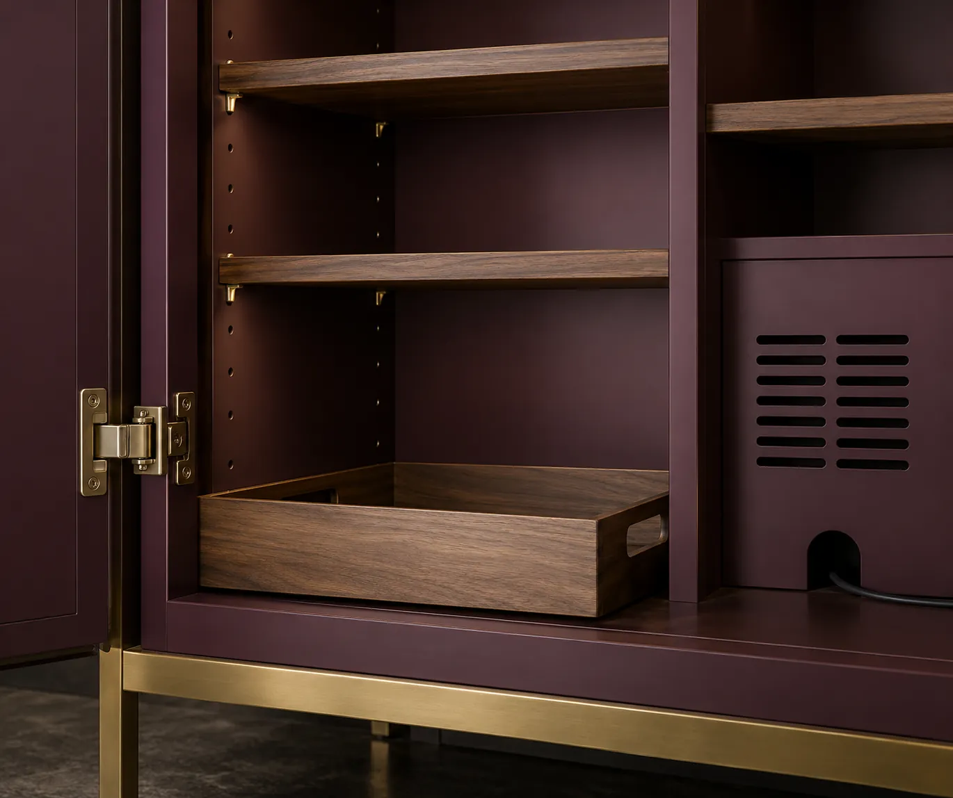 Adjustable shelves, hinge and cable opening inside a bar cabinet