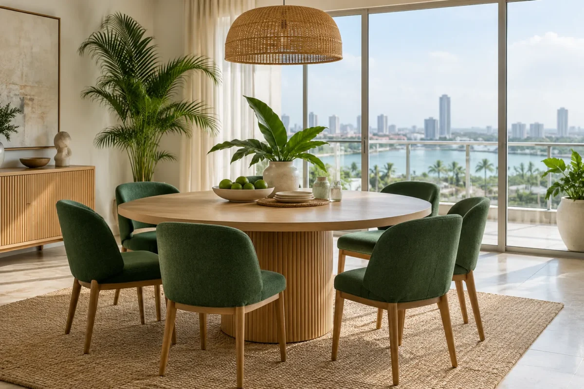 Airy dining room with round pale-wood table and green upholstered chairs