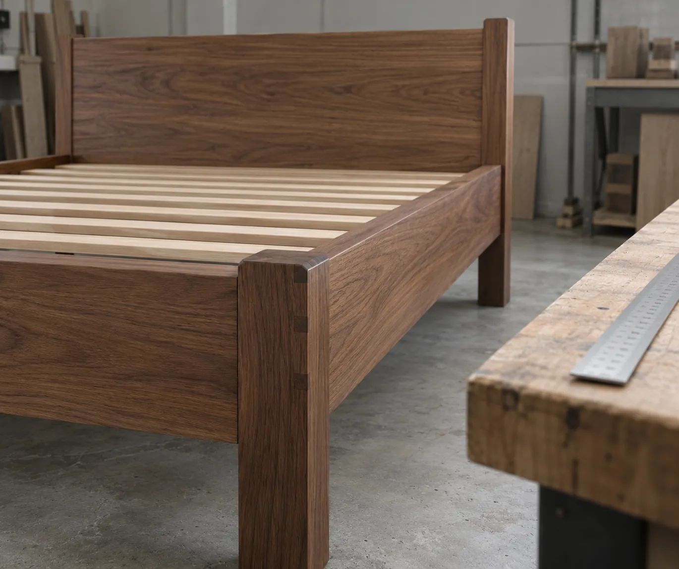 Bare wooden bed frame with exposed slats beside a workshop bench