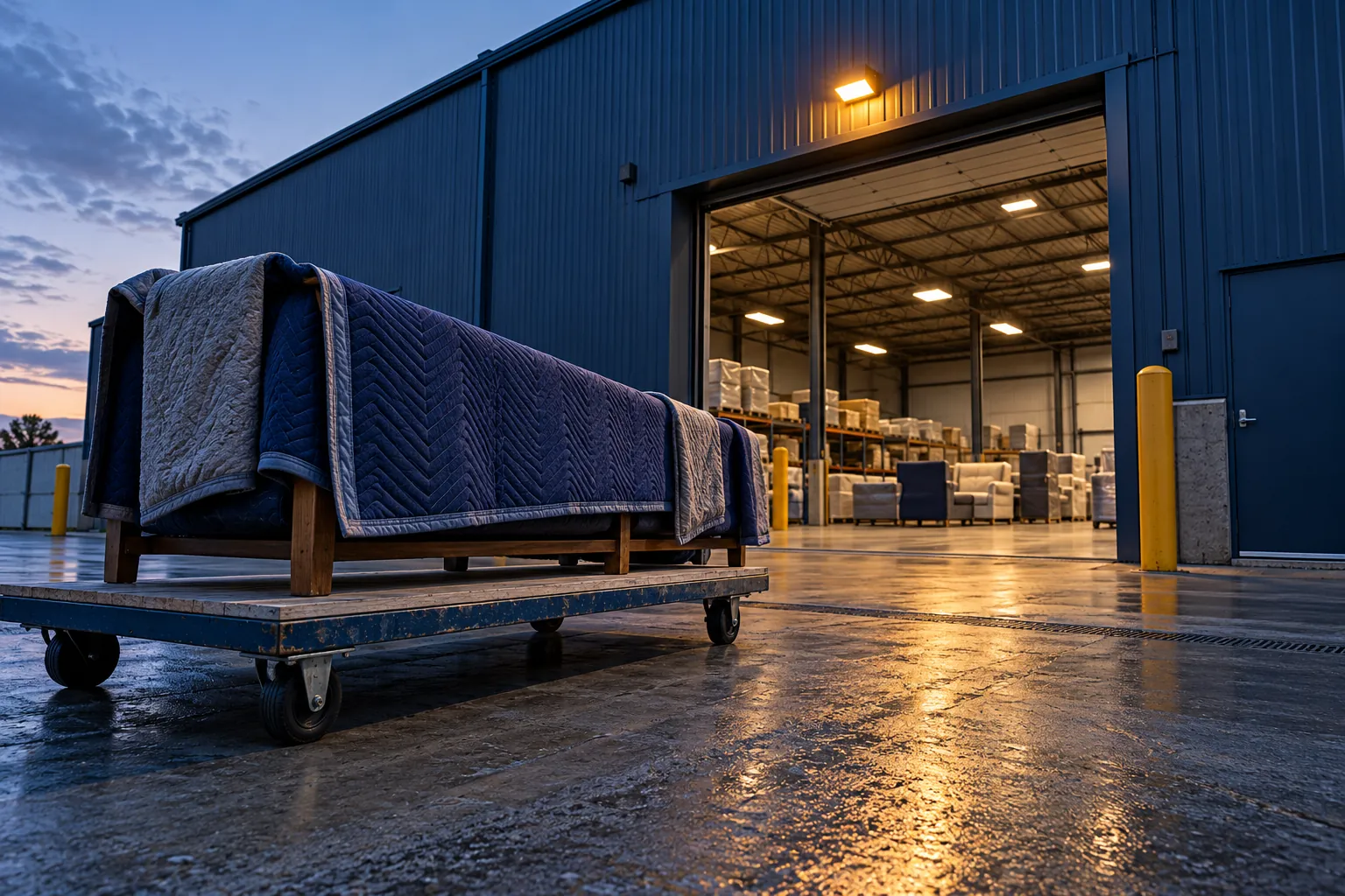Blanket-protected furniture on a trolley at a blue warehouse entrance