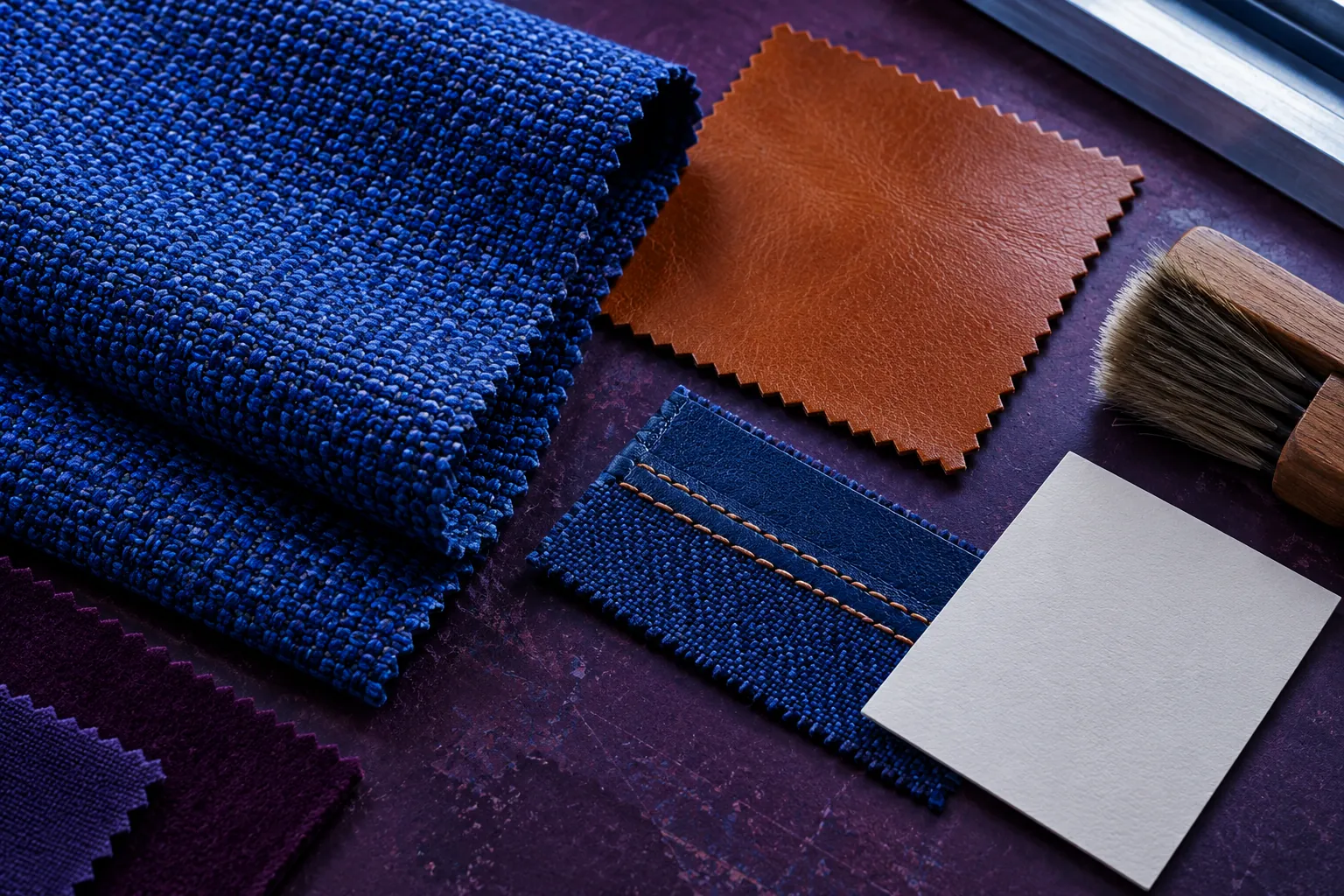 Blue upholstery and leather samples with stitching and a care brush