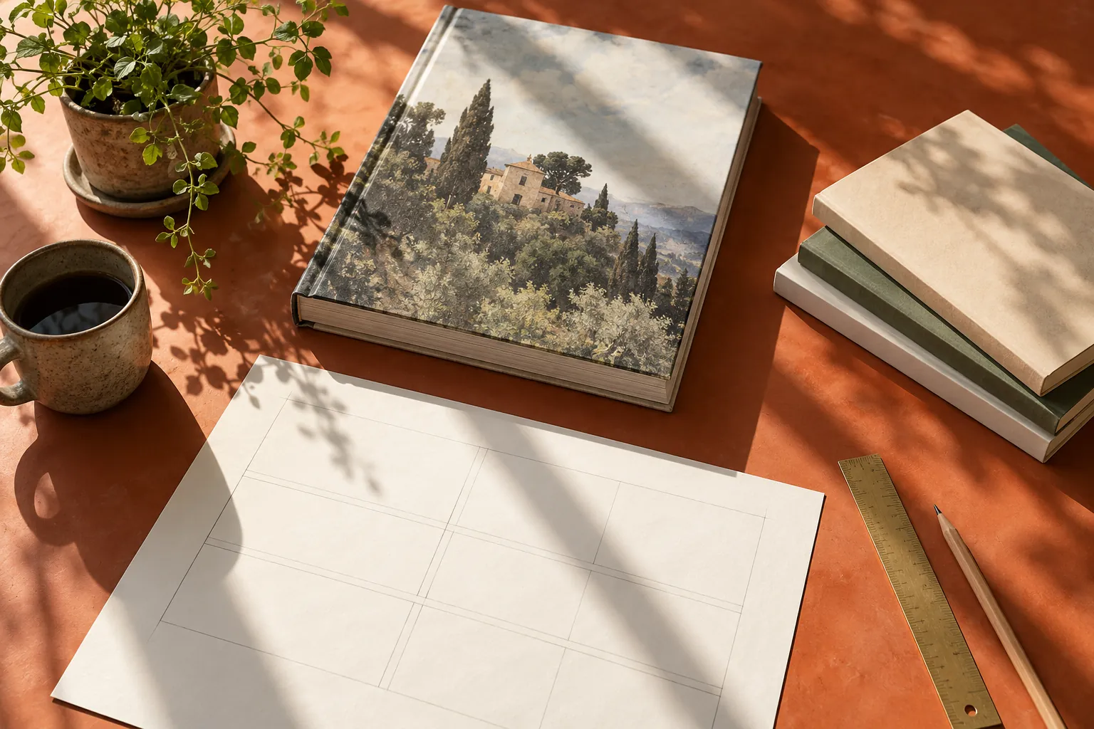 Books and shelf-planning materials on a terracotta desk
