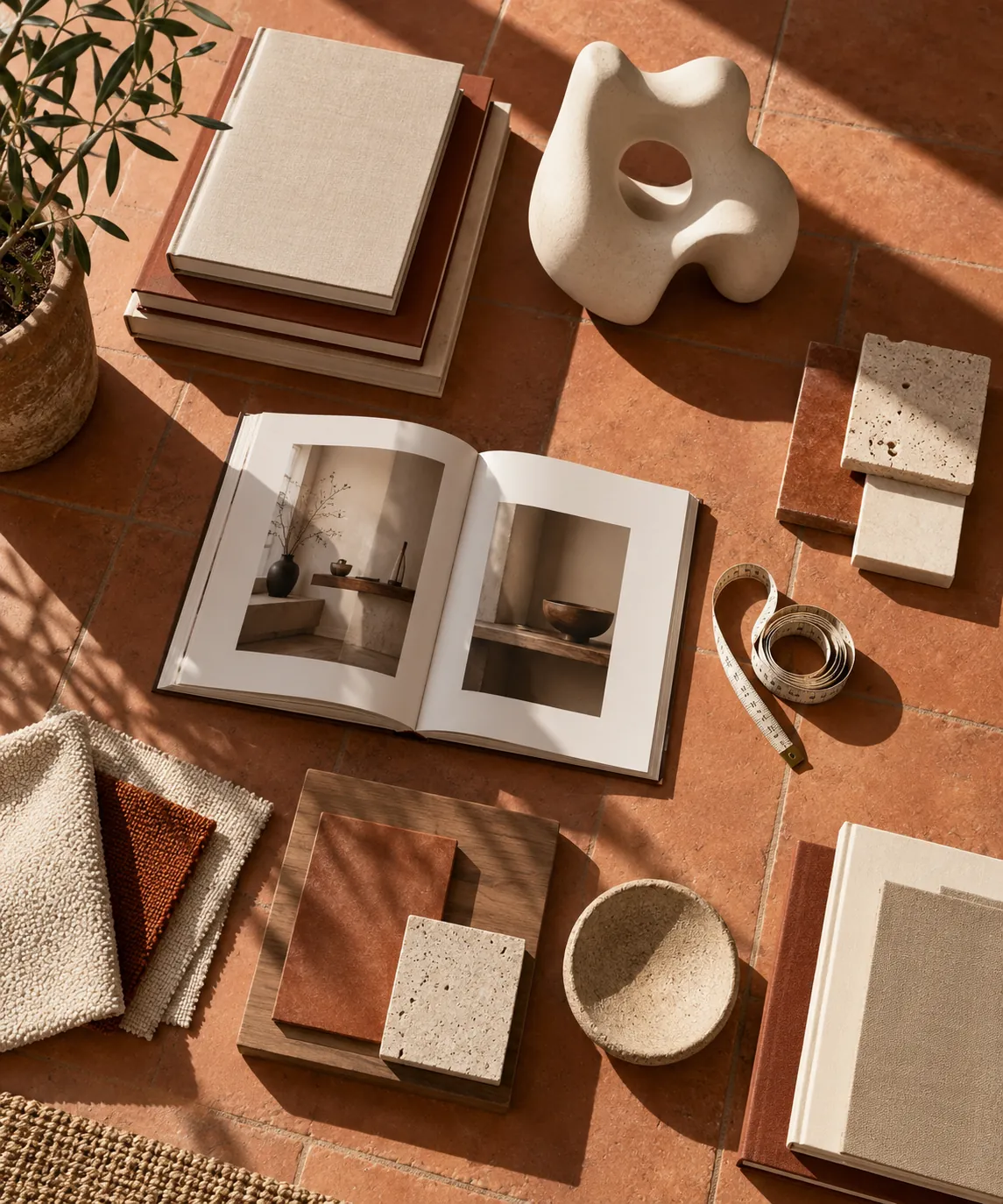 Books, sculpture, measuring tape and finish samples on terracotta