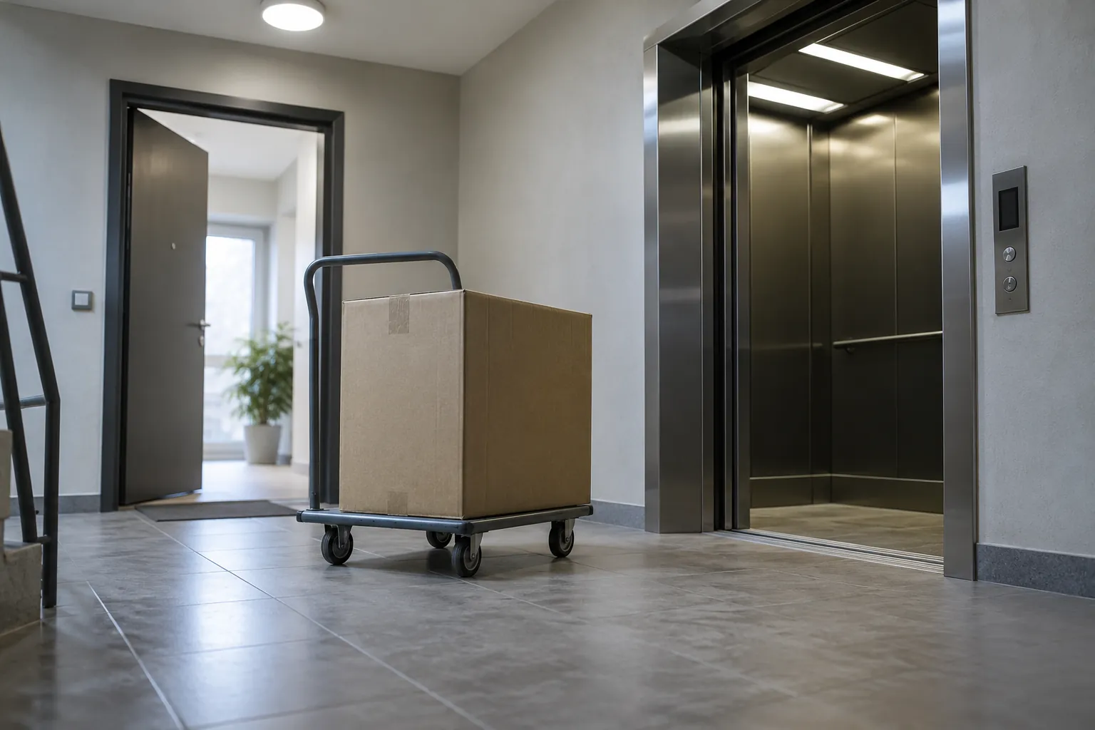 Boxed furniture on a platform trolley beside an open lift