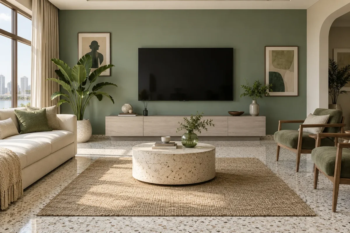 Bright sage-green living room with a wall-mounted television and pale-wood media console.