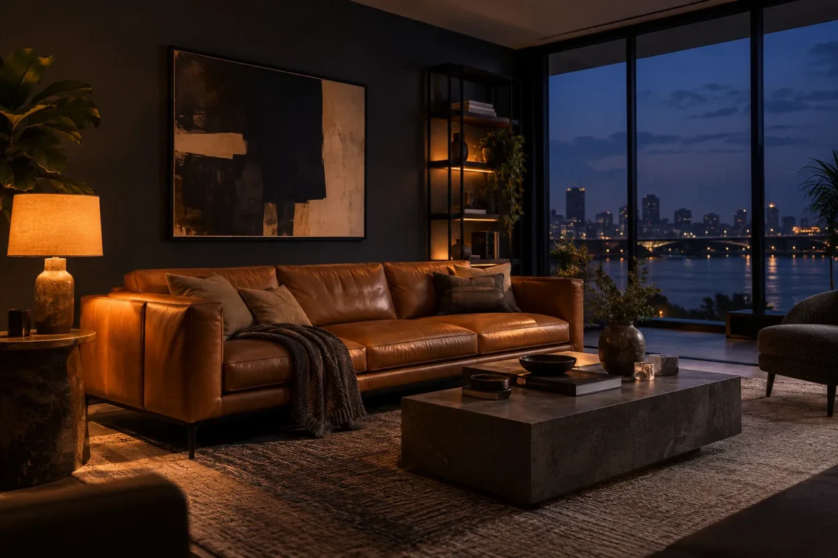 Brown leather sofa in an evening lounge overlooking a waterfront skyline