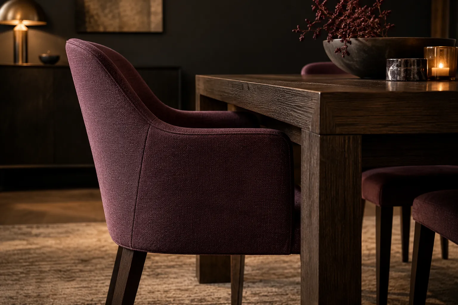 Burgundy dining chair beside a dark timber table in warm low light