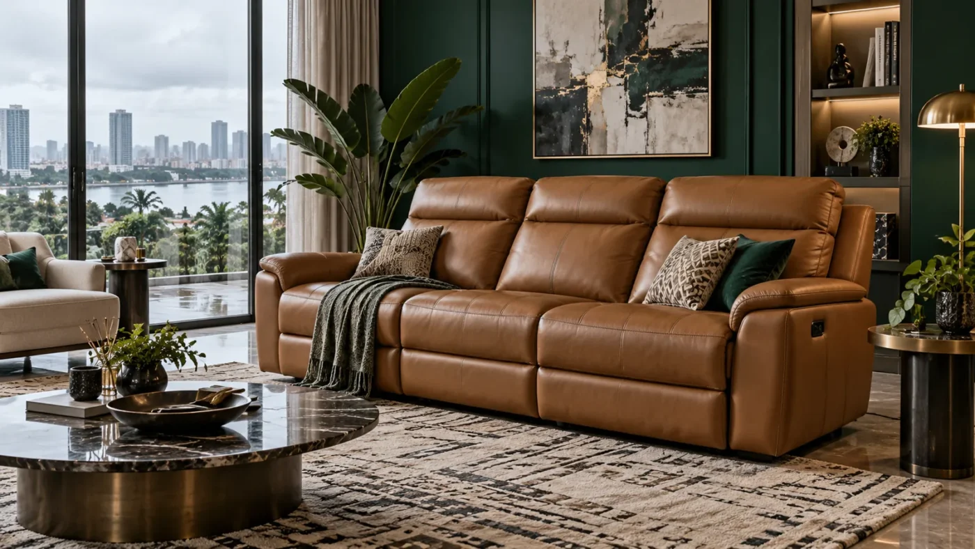 Caramel recliner sofa in an emerald Lagos living room after rain