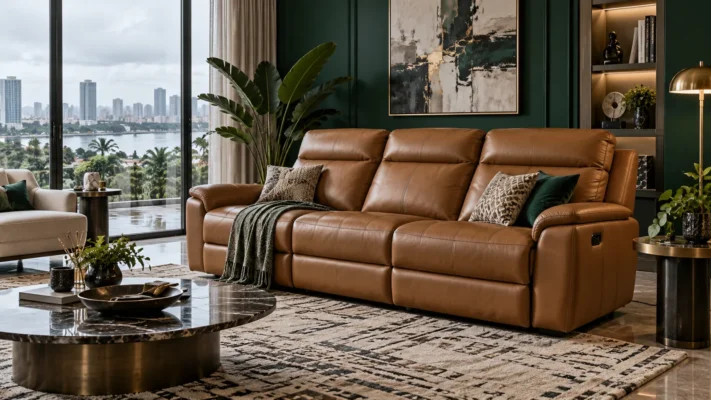 Caramel recliner sofa in an emerald Lagos living room after rain