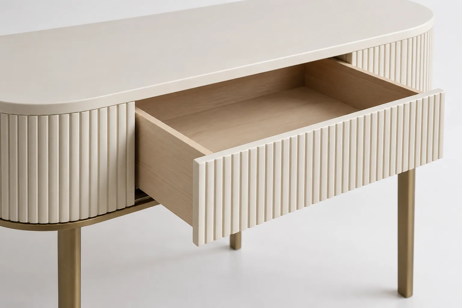 Close side view of a partially open ivory console drawer