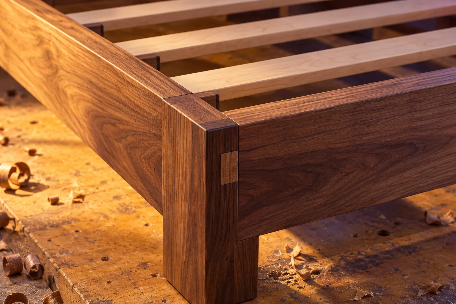 Close-up of a walnut bed-frame corner joint and support slats