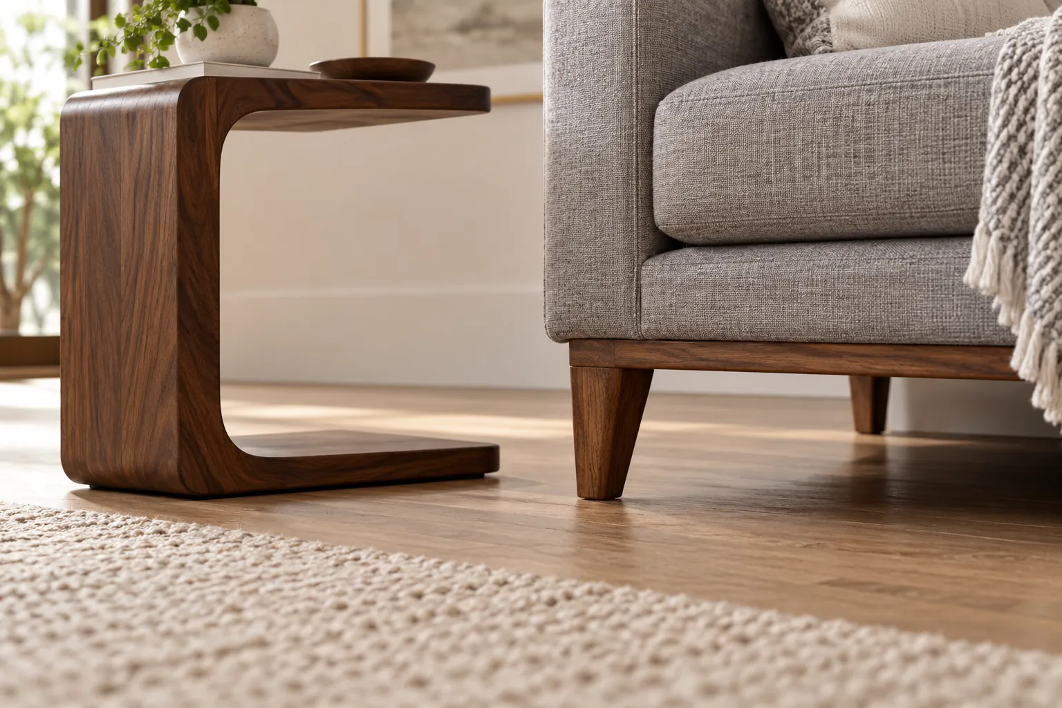 Close-up of a walnut C-shaped table base beside a raised grey sofa